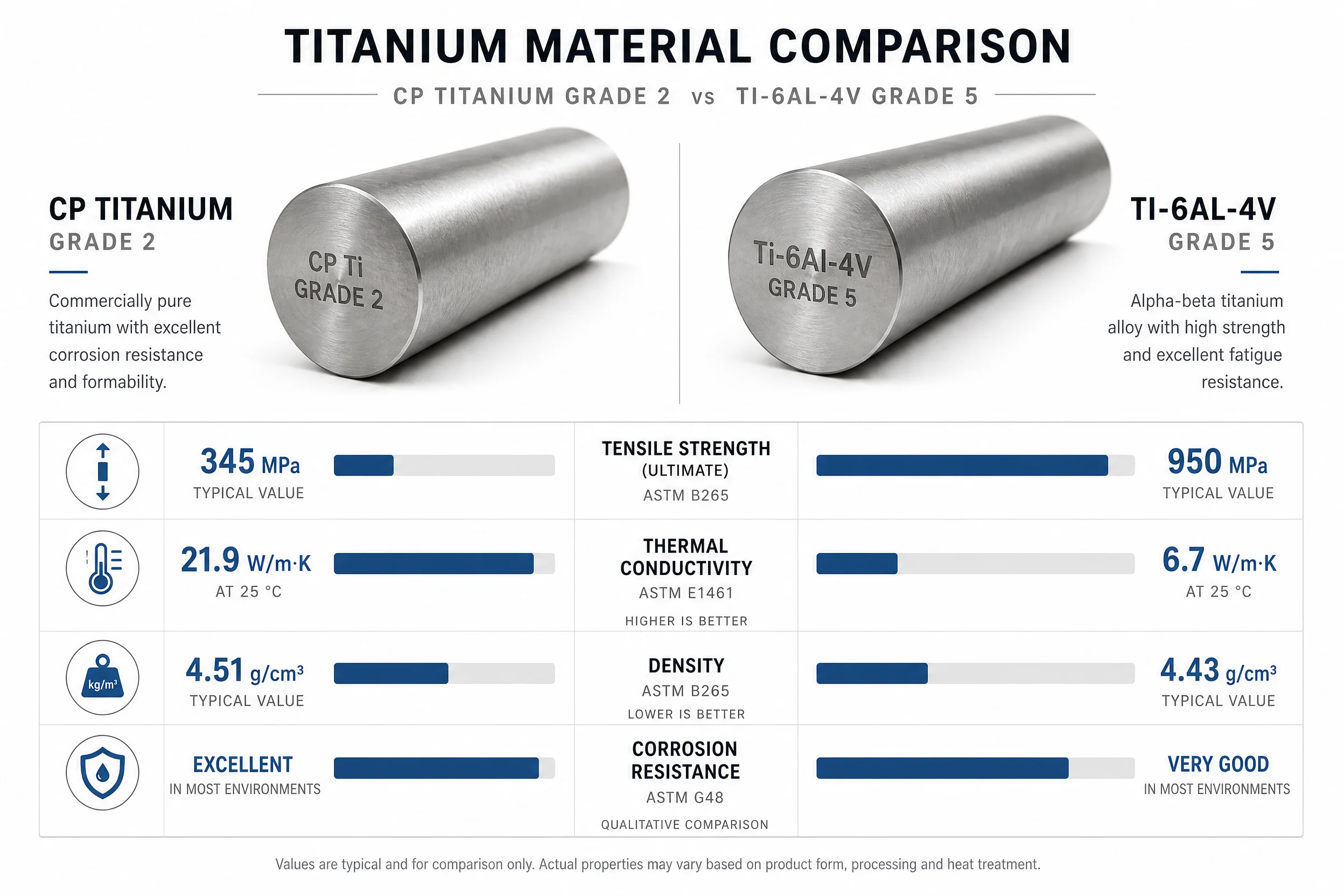 Titânio CP vs. Liga de Titânio (Ti-6Al-4V): Um Guia Prático para a Seleção de Materiais 1 Tabela comparativa das propriedades do titânio, que mostra as diferenças entre o CP Grau 2 e o Ti-6Al-4V Grau 5 em termos de resistência à tração, condutividade térmica e alongamento