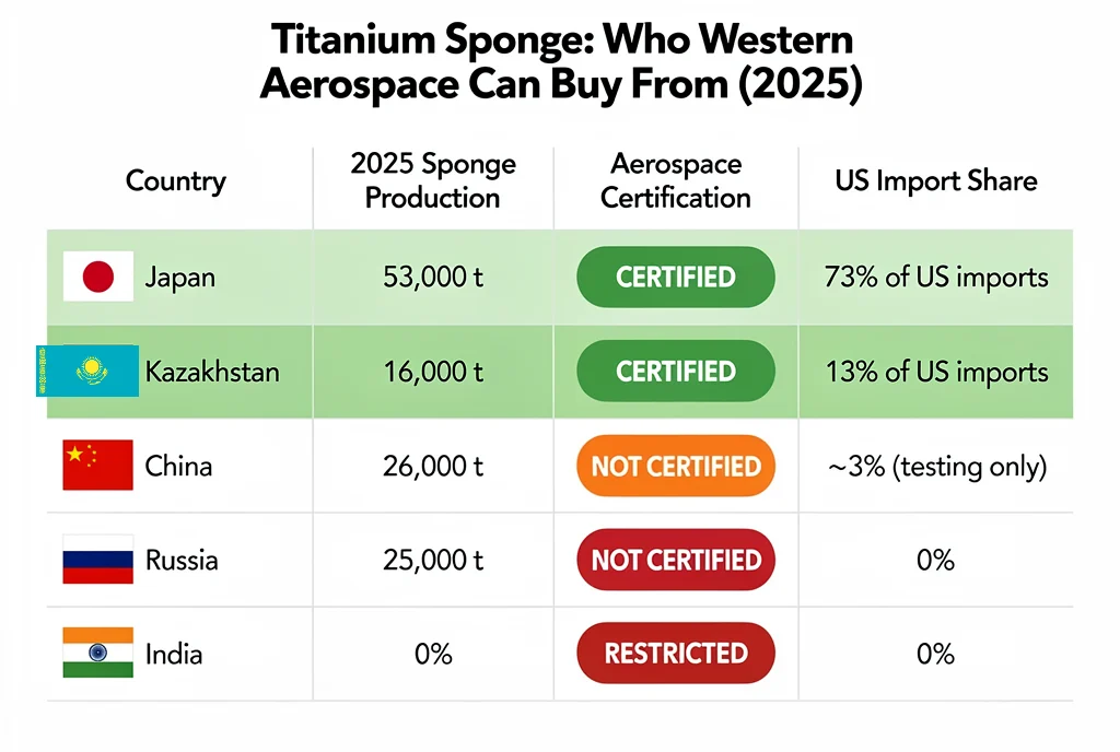 Top Titanium Producing Countries in 2026: Sponge Rankings, Aerospace Access, and the Supply Chain Behind Every Jet 5 Titanium sponge aerospace certification status by country — flag table showing Japan, Kazakhstan, Saudi Arabia certified for Western aerospace, China not certified, Russia restricted, with 2025 production volumes and US import share