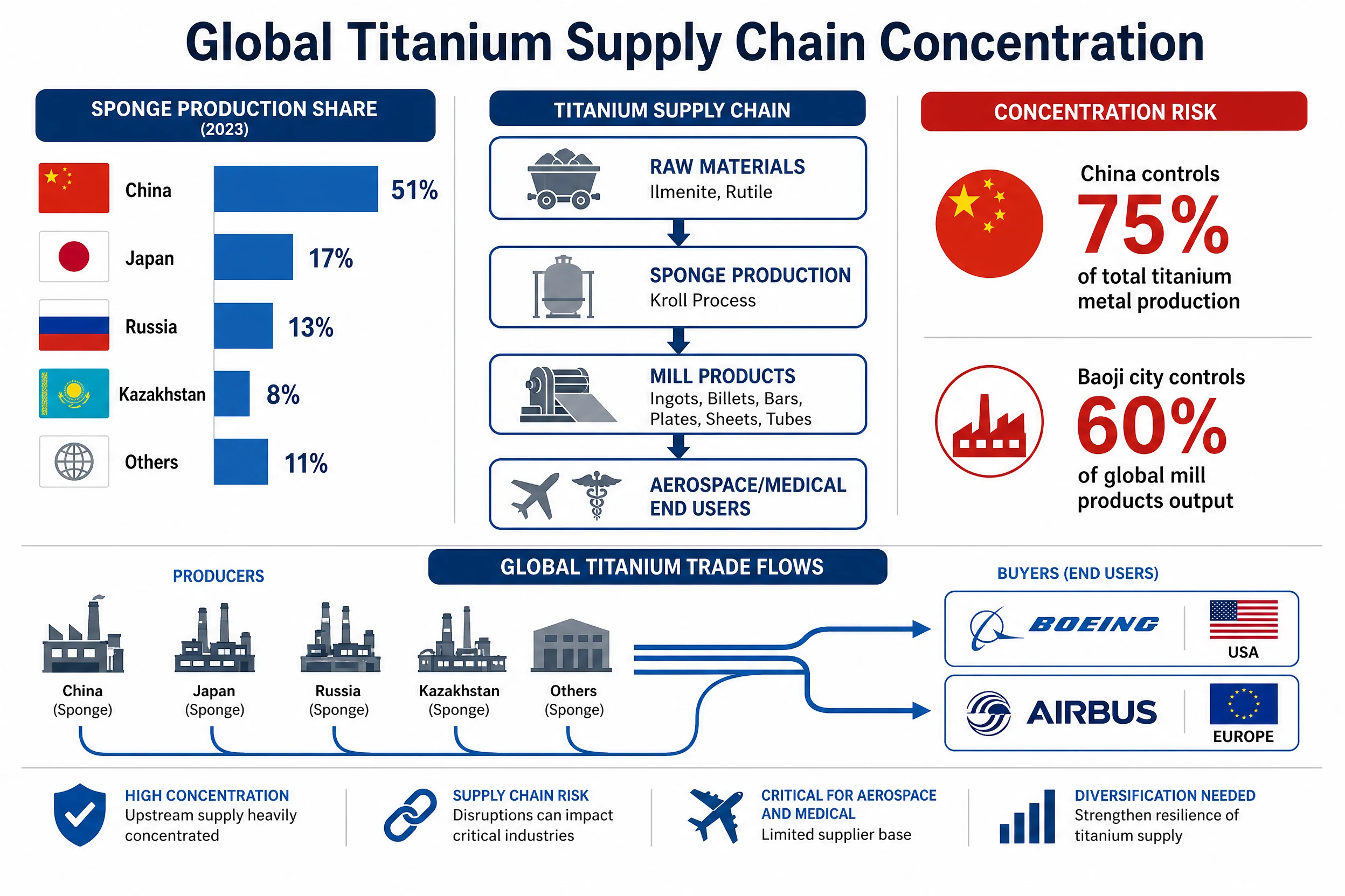 Global Titanium Market Size Forecast to 2030: Why Reports Disagree — and What the Data Actually Shows 5 Global titanium supply chain concentration infographic showing sponge production shares China 51% Japan 17% Russia 13% and flow chart from raw materials to aerospace end users with concentration risk data