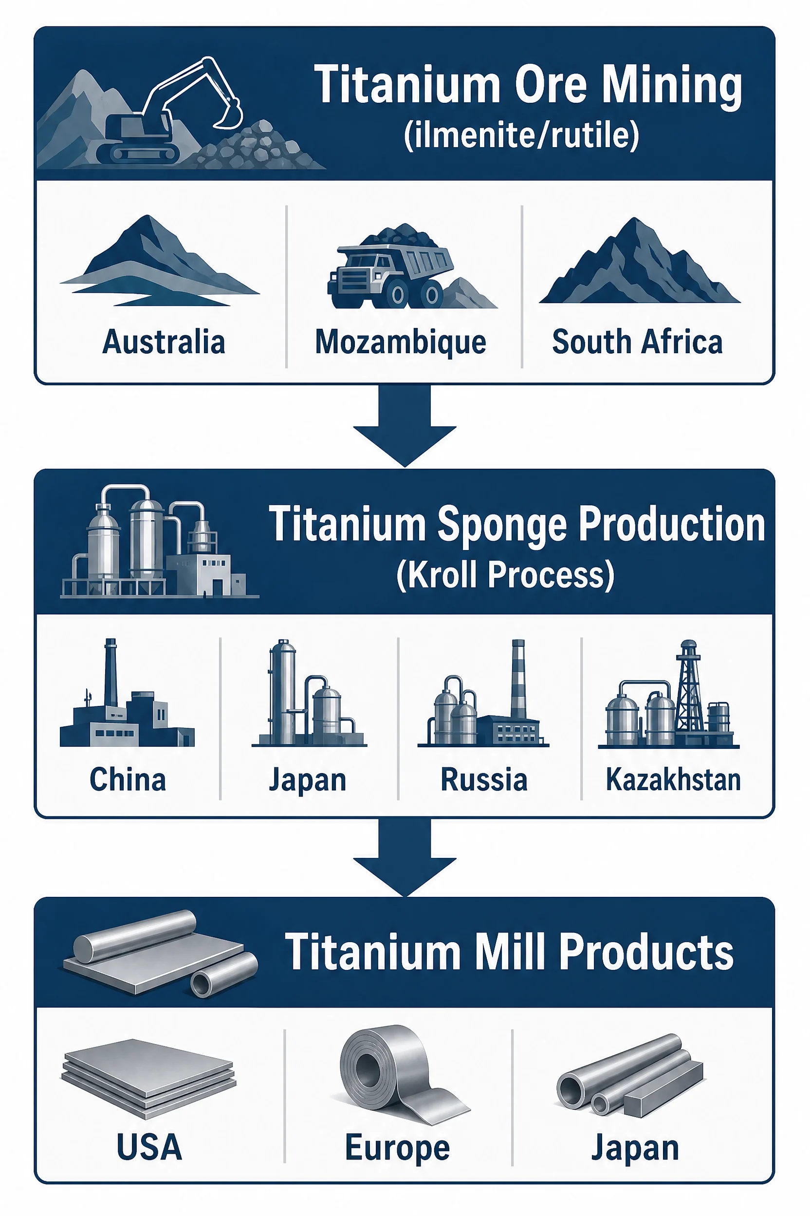 Top Titanium Producing Countries in 2026: Sponge Rankings, Aerospace Access, and the Supply Chain Behind Every Jet 1 Titanium supply chain diagram showing three production tiers — ore mining, sponge production, and mill products — with key producing countries at each stage