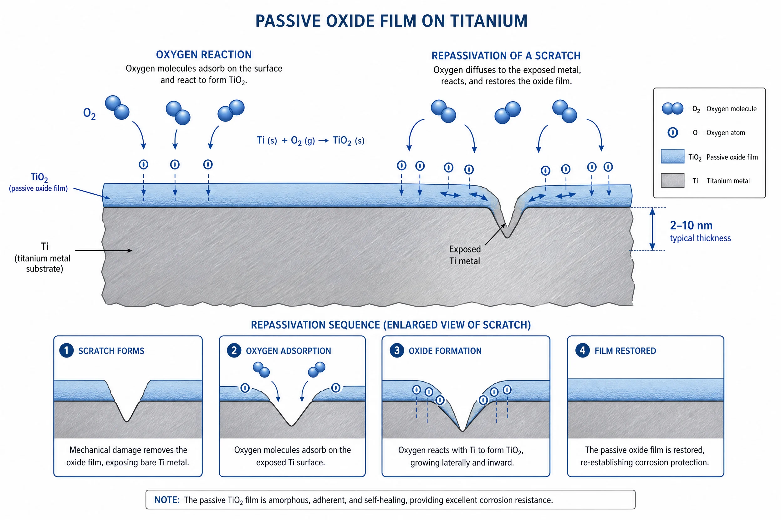 Why Titanium Resists Corrosion: The Mechanism, Seawater Data, and When It Actually Fails 1 TiO2 passive film formation on titanium surface - 2-10nm oxide layer cross-section diagram showing self-healing repassivation mechanism