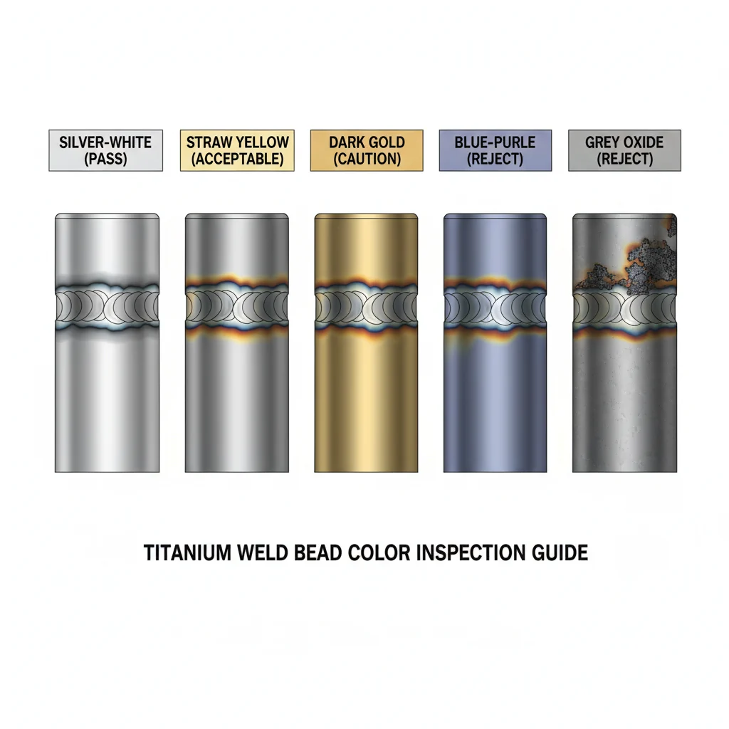 Titanium Grade Selection for Chemical Processing: A Corrosion Engineer’s Field Guide 2 Titanium weld bead color quality guide — silver-white PASS, straw yellow ACCEPTABLE, dark gold CAUTION, blue-purple REJECT, grey oxide REJECT — field inspection reference for argon shielding verification