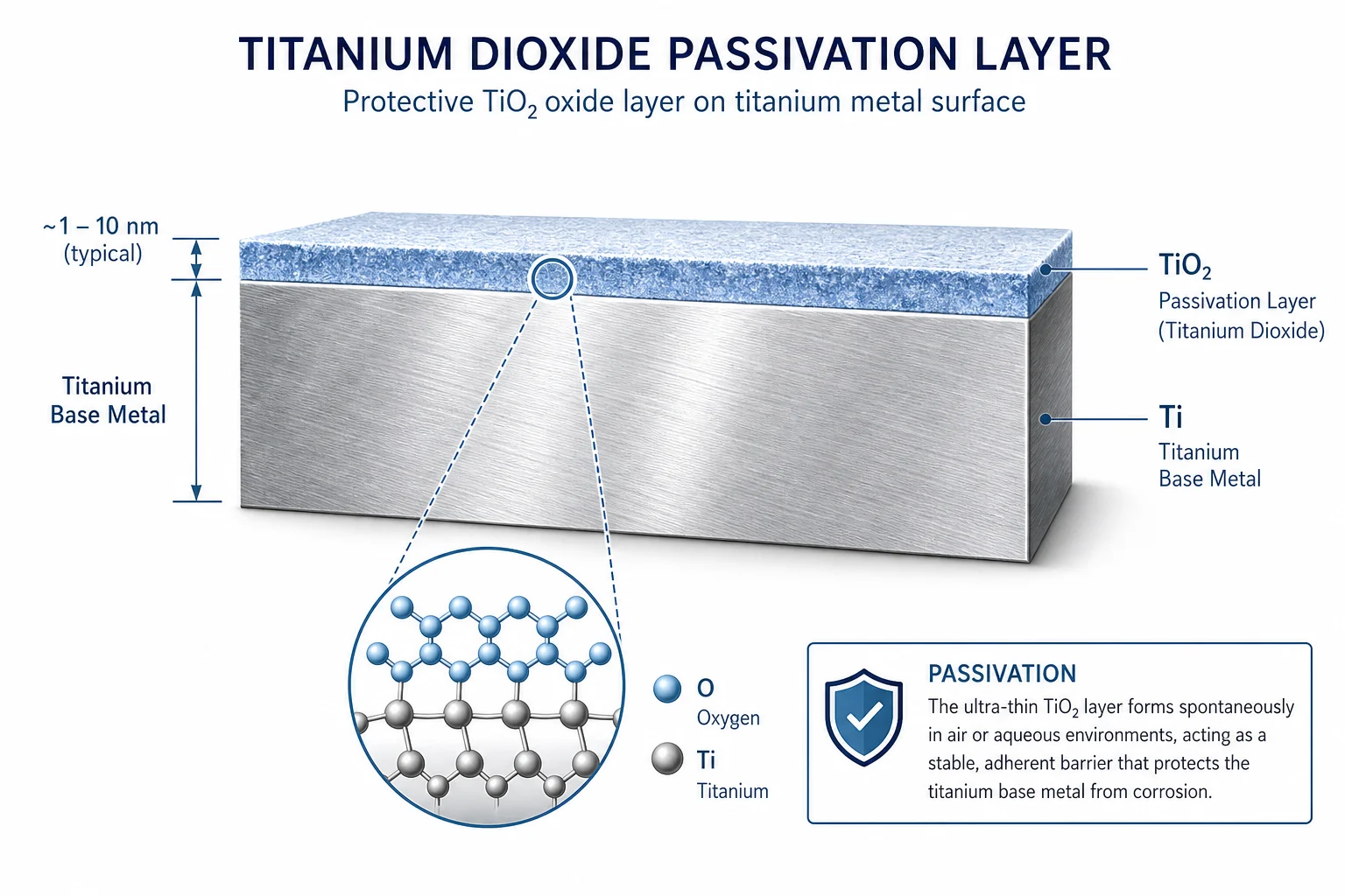 Is Titanium Safe for Sensitive Skin? What Actually Makes It Different (And Why It Won’t Tarnish) 2 Scientific diagram of titanium dioxide TiO2 passivation layer cross-section showing chemically inert oxide surface on titanium base metal