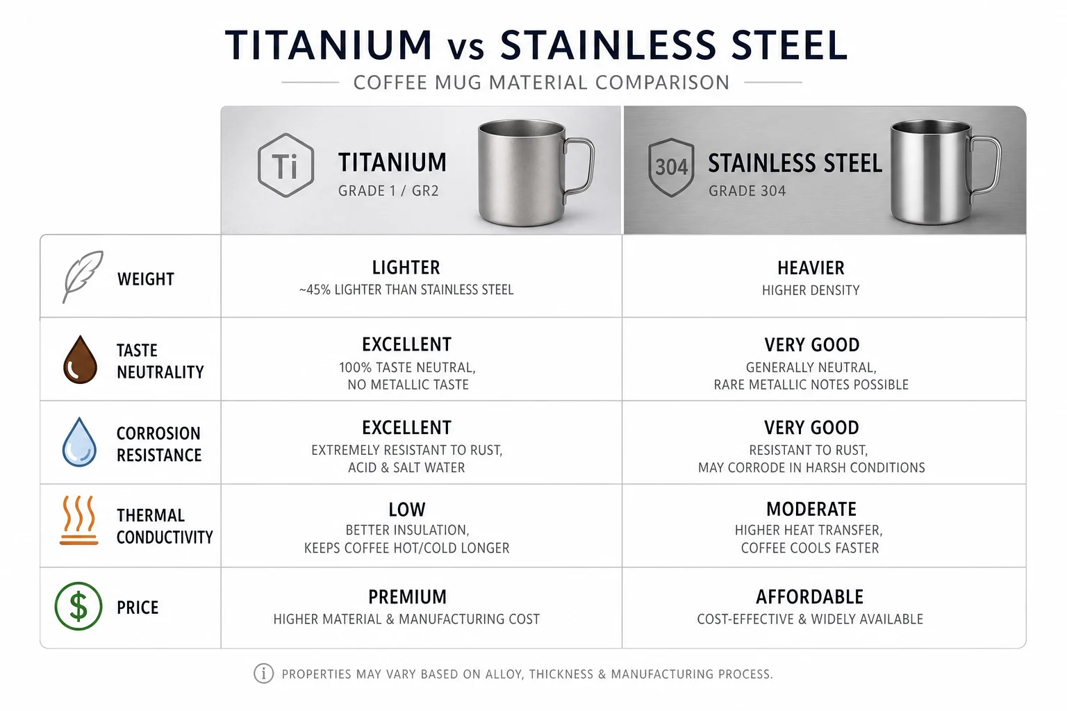 Reisebecher aus Titan vs. Edelstahl: Der ehrliche Leitfaden zu Wärmeisolierung, Gewicht und den besten Modellen im Jahr 2026 3 Infografik zum Vergleich der Materialeigenschaften von Titan und Edelstahl – Gewicht, Geschmack, Korrosionsbeständigkeit, Wärmeleitfähigkeit