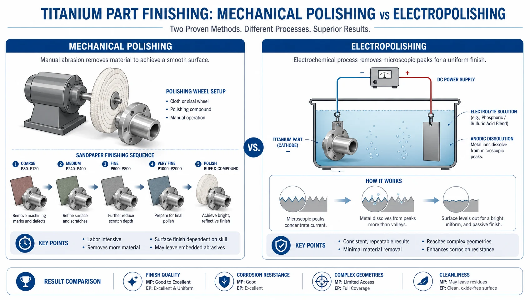 How to Polish Titanium to a Mirror Finish: Grit Sequence, Compounds, and Common Mistakes 4 Technical diagram comparing mechanical polishing vs electropolishing process for titanium - side by side workflow