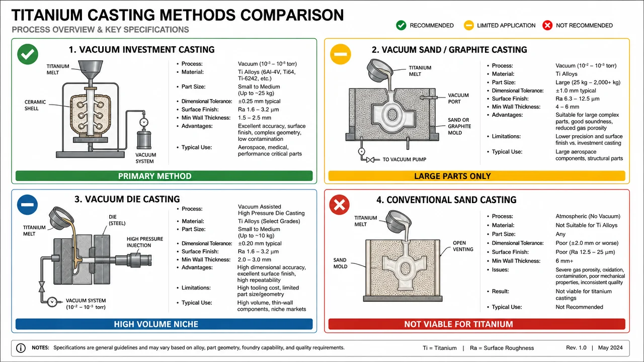 Titanium Casting Methods: Investment Casting vs Sand Casting vs Vacuum Casting Explained 1 Titanium casting methods compatibility overview - vacuum investment casting primary method vs sand casting die casting comparison chart
