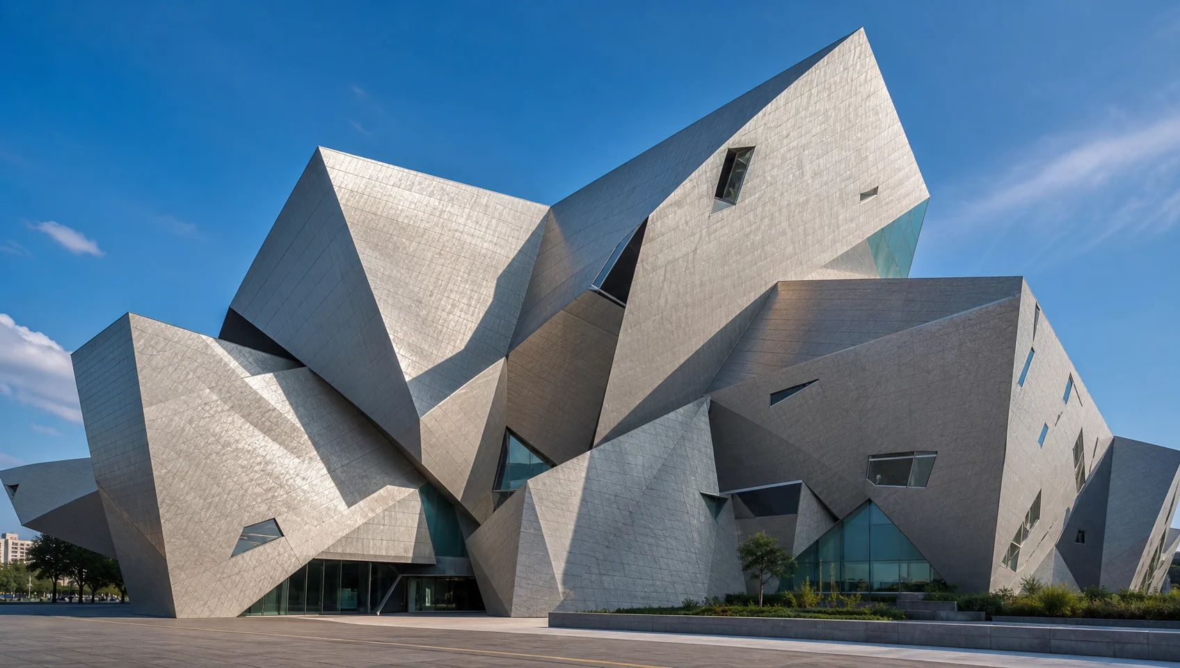 Angular deconstructivist museum building with titanium panel cladding - geometric facets catching natural light on silver-grey surface