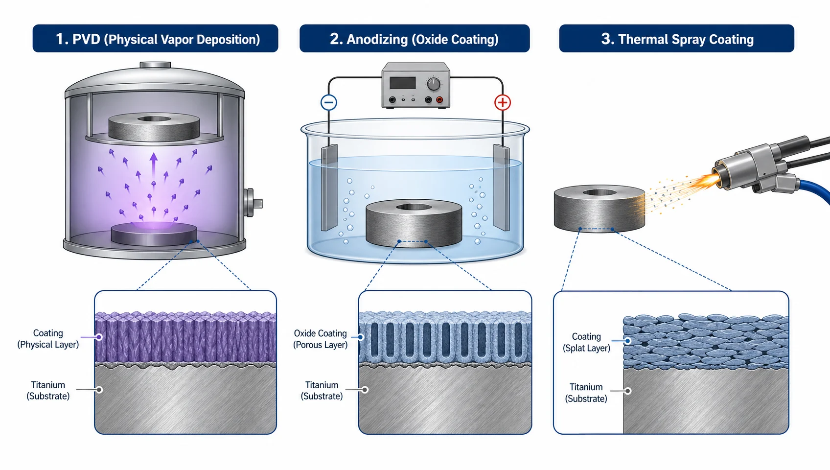 Technical comparison diagram showing three titanium coating methods - electroplating bath, PVD vacuum chamber, and anodizing process side by side