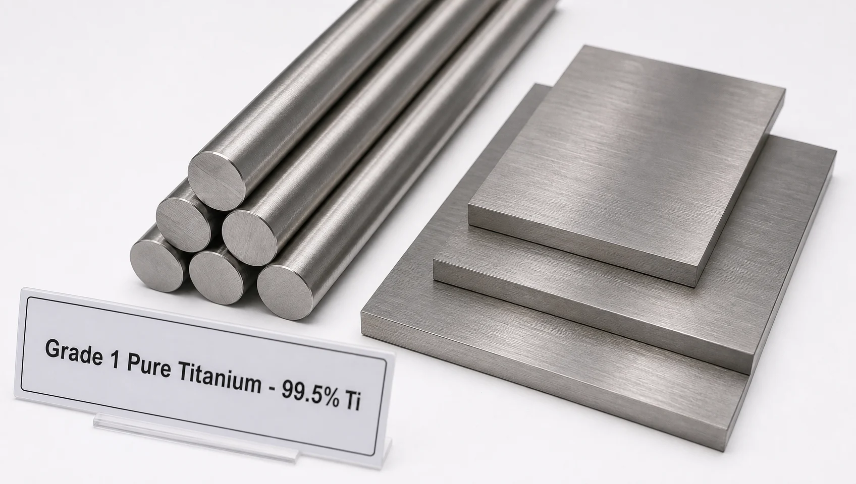 1등급 pure titanium metal rods and plates — 99.5% Ti biocompatible material used in medical implants and food-safe utensils
