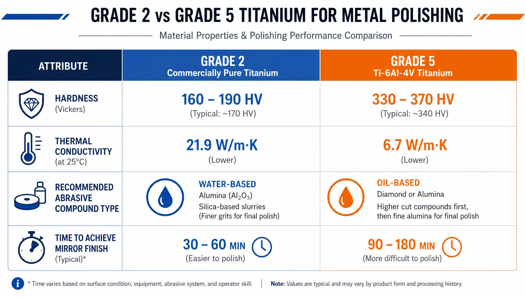 How to Polish Titanium to a Mirror Finish: Grit Sequence, Compounds, and Common Mistakes 5 Comparison infographic of Grade 2 CP titanium versus Grade 5 Ti-6Al-4V properties for polishing - hardness thermal conductivity abrasive selection