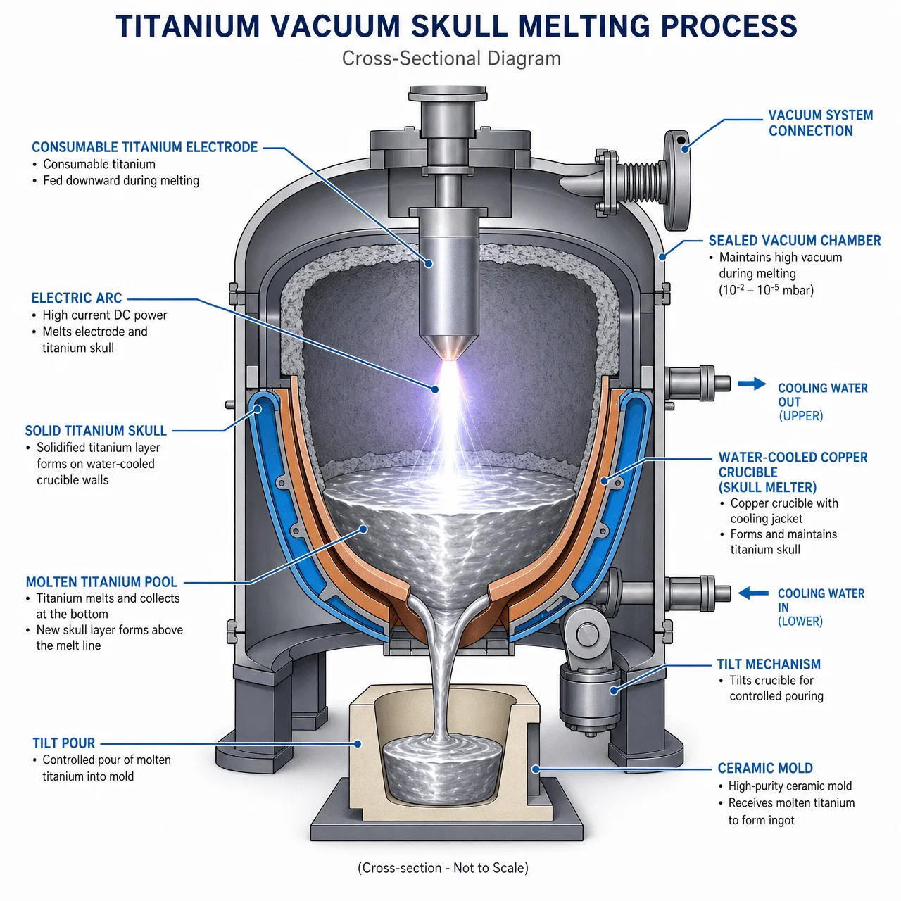 Titanium Casting Methods: Investment Casting vs Sand Casting vs Vacuum Casting Explained 3 Cross-section diagram of titanium vacuum skull melter showing copper crucible, consumable electrode, electric arc, and molten titanium pool in sealed vacuum chamber