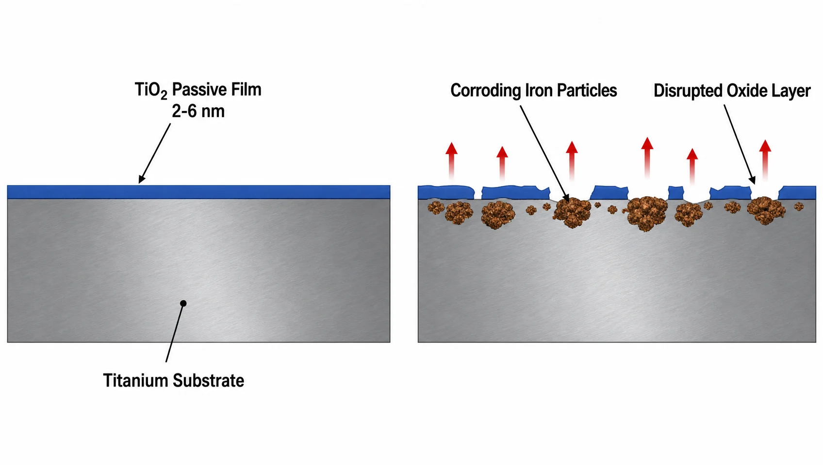 Titanium Passivation: Process Guide, ASTM Standards, and Acid Selection 1 Cross-section diagram of titanium surface showing intact TiO2 passive film versus machined surface with embedded iron contamination particles disrupting the oxide layer
