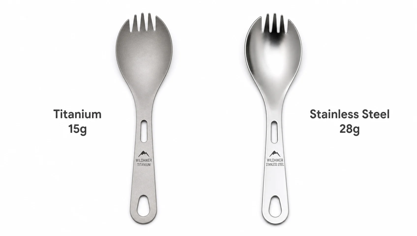 Titanium vs stainless steel utensil weight comparison — lighter titanium spork on left, heavier stainless spork on right