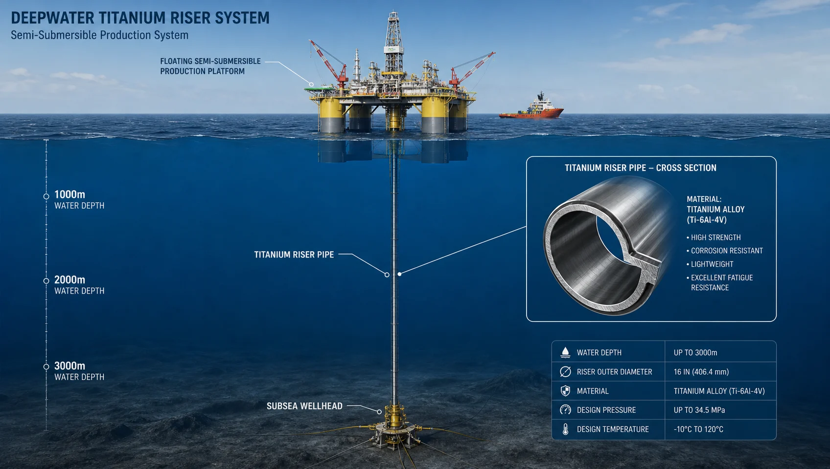 Titanium in Oil & Gas: Grades, Applications, and the Case Against Steel 4 Deepwater titanium riser system illustration - semi-submersible platform with titanium riser pipe running from surface to seabed wellhead at 3000m depth