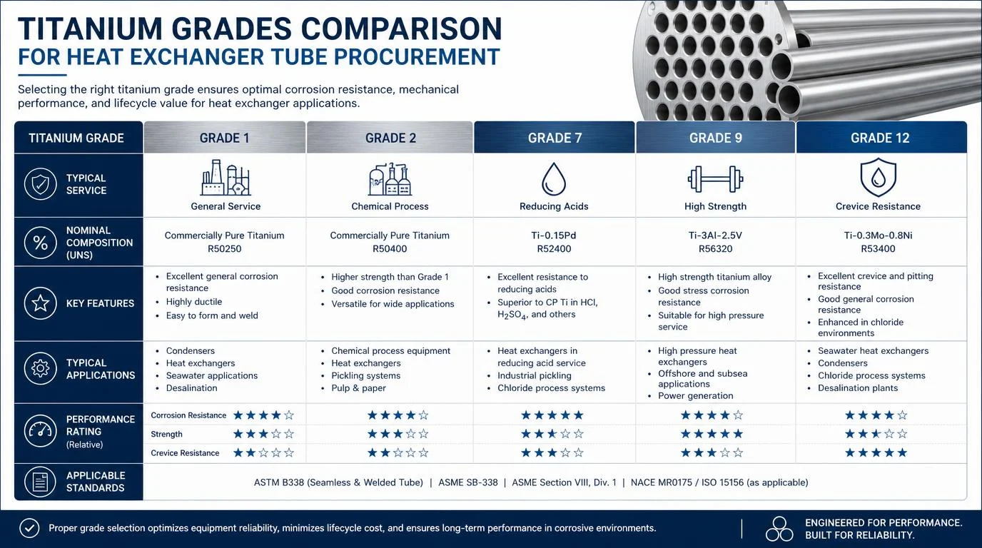 Titanium grade comparison chart for heat exchanger tube selection - Grade 1 through Grade 12 properties and applications overview