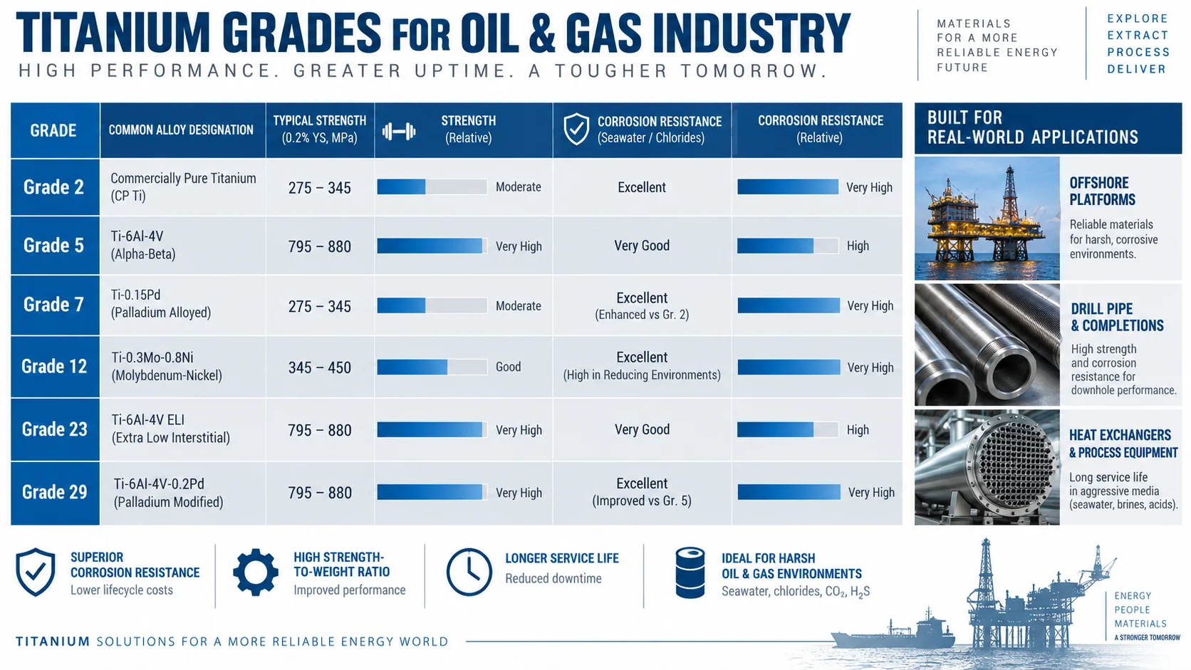 Titanium in Oil & Gas: Grades, Applications, and the Case Against Steel 2 Titanium grade comparison chart for oil and gas - Grade 2 through Grade 29 alloy strength and corrosion properties