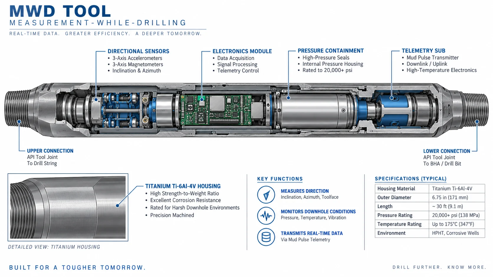 Titanium in Oil & Gas: Grades, Applications, and the Case Against Steel 3 Titanium Ti-6Al-4V MWD downhole tool housing cutaway diagram showing precision machined titanium body and internal sensor components
