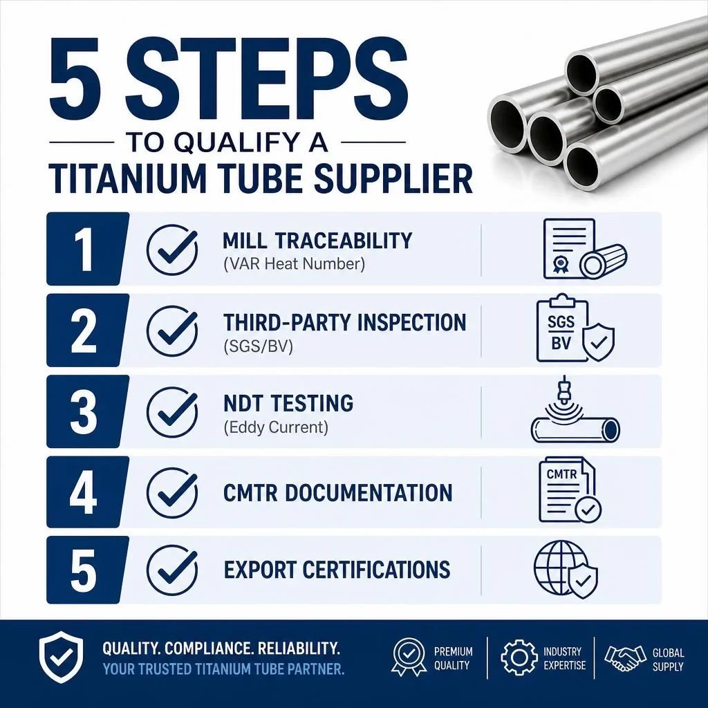 5-point titanium tube supplier qualification checklist infographic - mill traceability, third-party inspection, NDT testing, CMTR documentation, export certifications