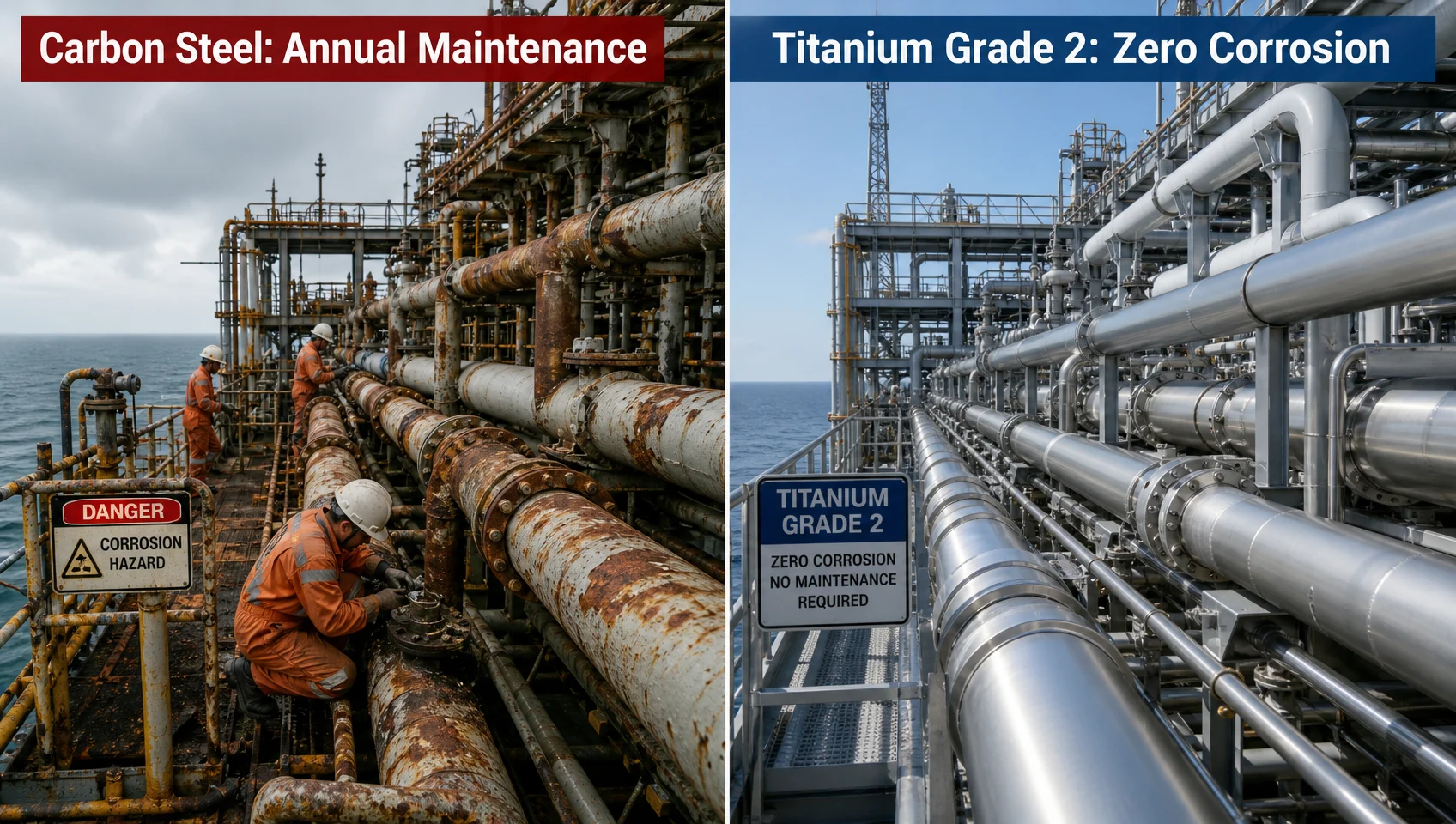 Titanium in Oil & Gas: Grades, Applications, and the Case Against Steel 5 Side-by-side comparison of corroded steel topside pipework vs clean titanium Grade 2 pipework on offshore platform showing zero corrosion lifecycle advantage
