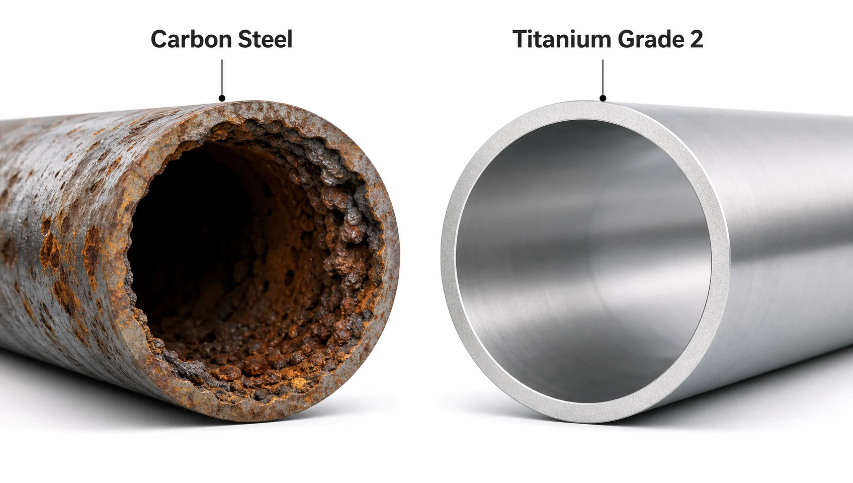 Titanium in Oil & Gas: Grades, Applications, and the Case Against Steel 1 Titanium vs carbon steel corrosion comparison - clean titanium pipe beside corroded steel pipe showing TiO2 passive layer advantage